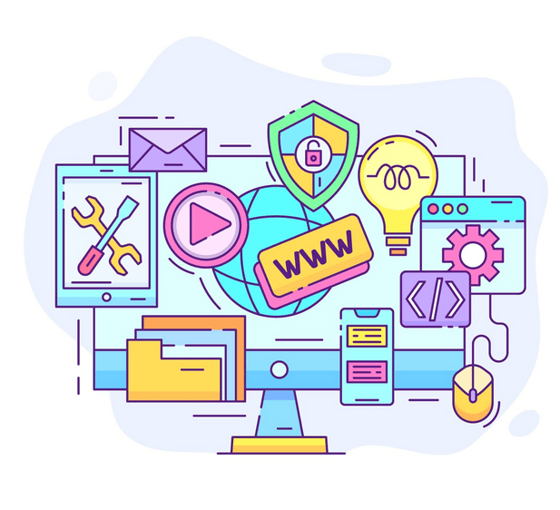 Ilustración de desarrollo web, aplicaciones, seguridad y automatización